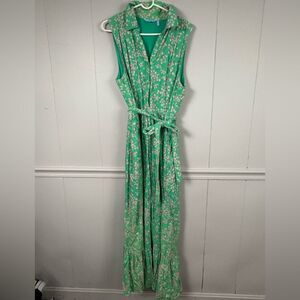 Draper James RSVP Linen Blend Green Floral Button Front Maxi Dress XL Cottage